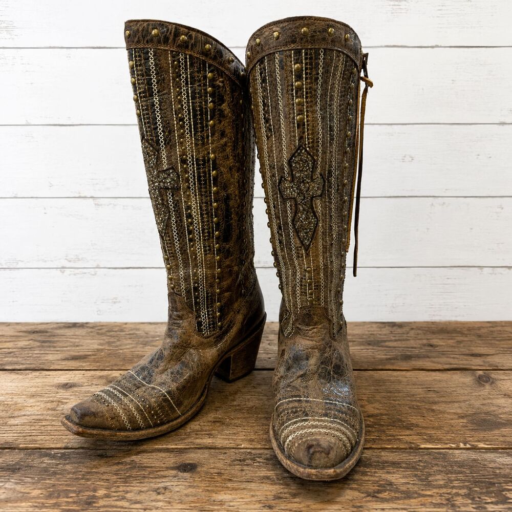 Corral Studded and Fringe Tall Distressed Western Boot Brown Womens Size 6.5M